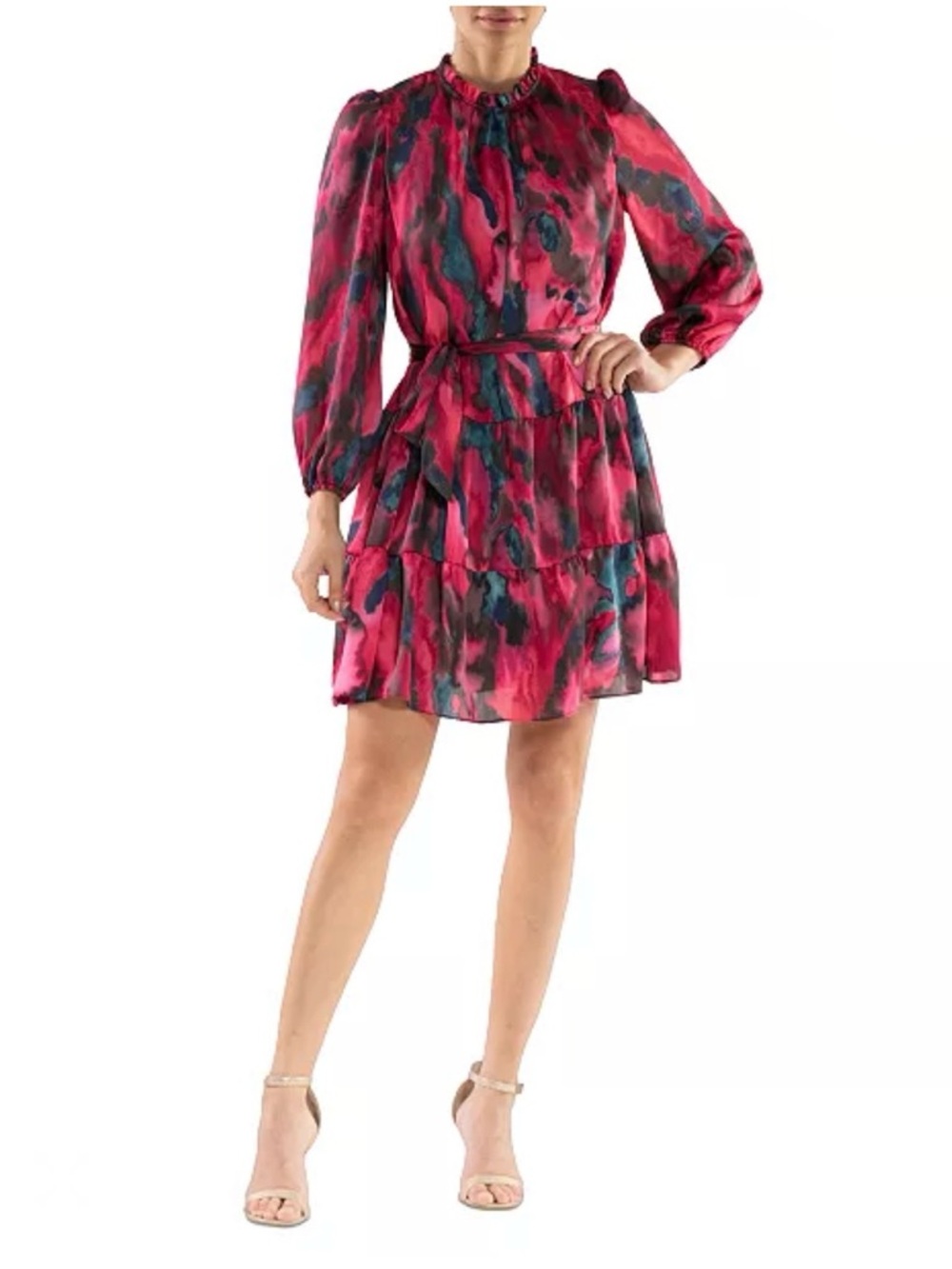 Julia Jordan Printed Ruffle-Collar Tie-Waist Dress